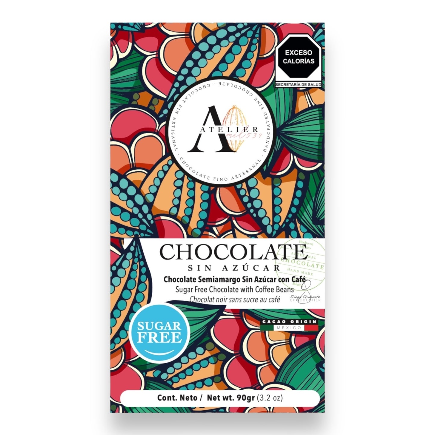 Tableta de Chocolate SIN AZÚCAR CON CAFÉ DE CHIAPAS, 90g