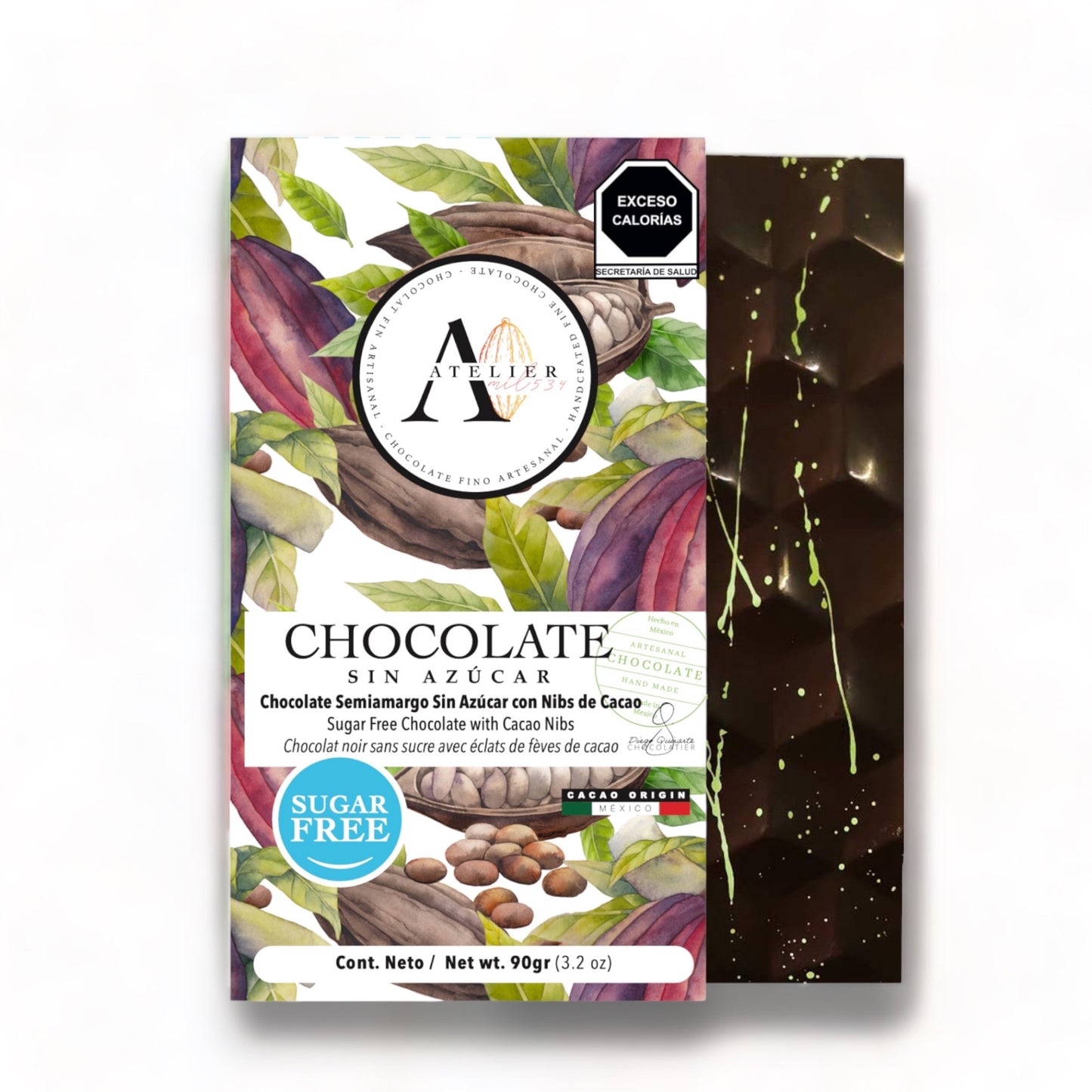 Tableta de Chocolate SIN AZÚCAR CON NIBS DE CACAO, 90g