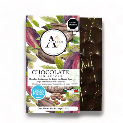 Tableta de Chocolate SIN AZÚCAR CON NIBS DE CACAO, 90g