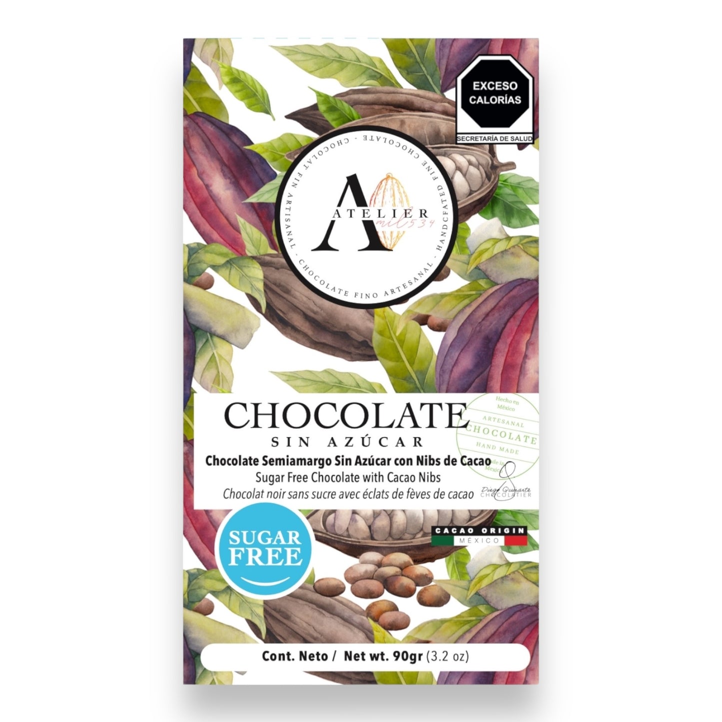 Tableta de Chocolate SIN AZÚCAR CON NIBS DE CACAO, 90g