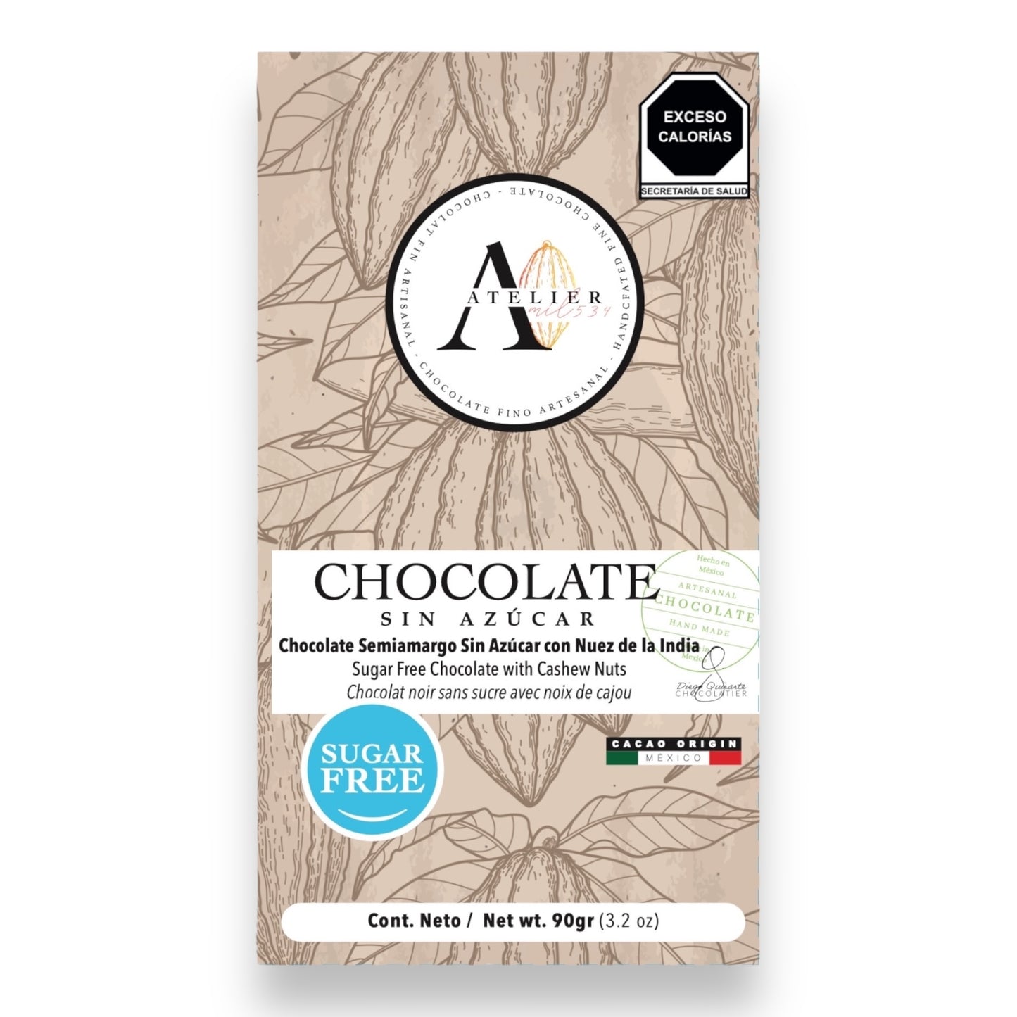 Tableta de Chocolate SIN AZÚCAR CON NUEZ DE LA INDIA, 90g