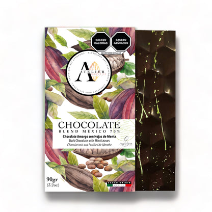 Tableta de Chocolate 70% BLEND MX CON HOJAS DE MENTA, 90g