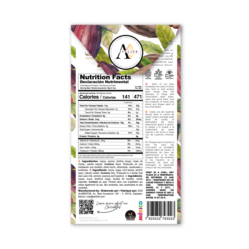 BLEND MX Barre de Chocolat 70% AVEC FEUILLES DE MENTHE, 90g