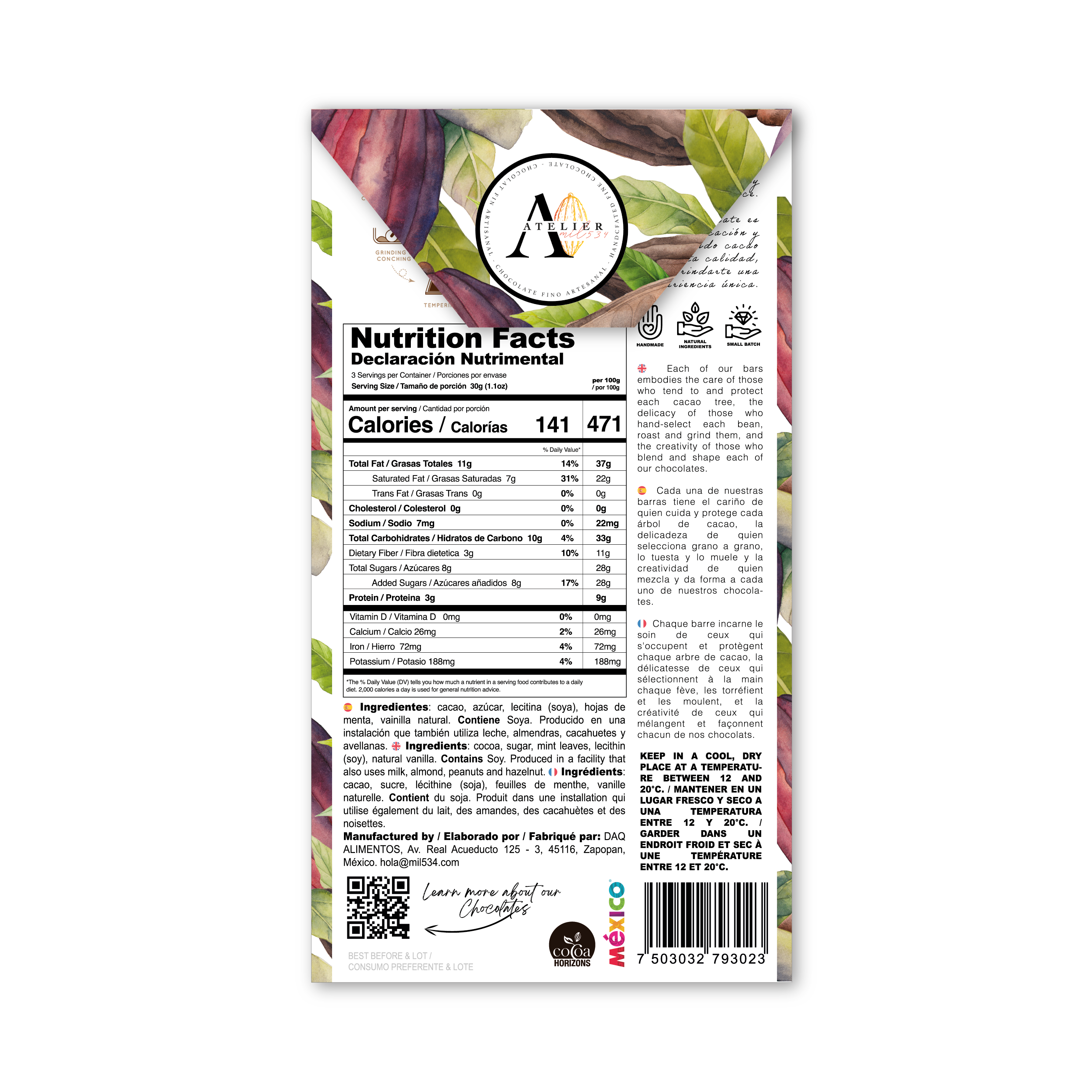 BLEND MX Barre de Chocolat 70% AVEC FEUILLES DE MENTHE, 90g