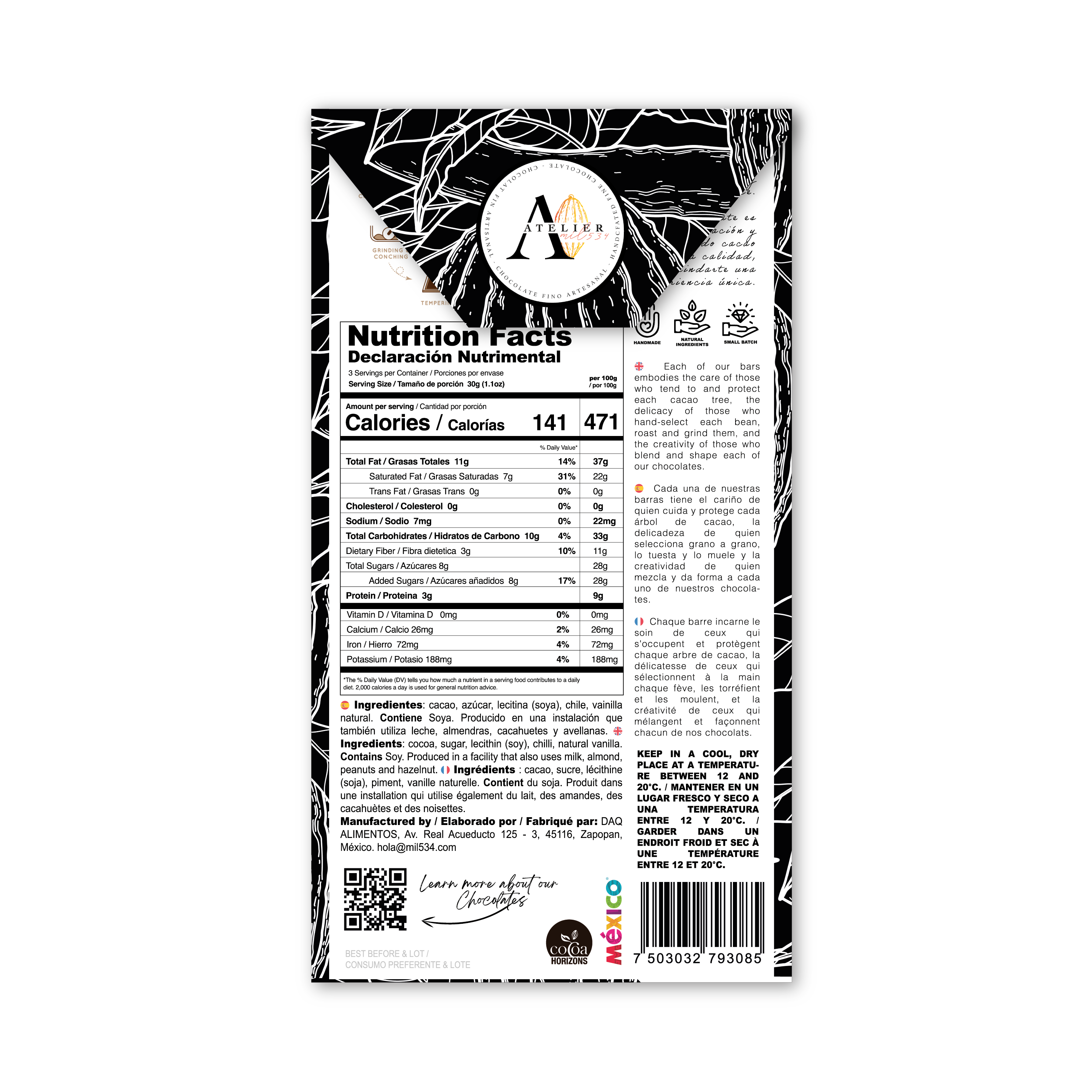 Barre de chocolat MX BLEND 70% AVEC TORTILLA MORITA CHILE ET TATEMADA, 90g