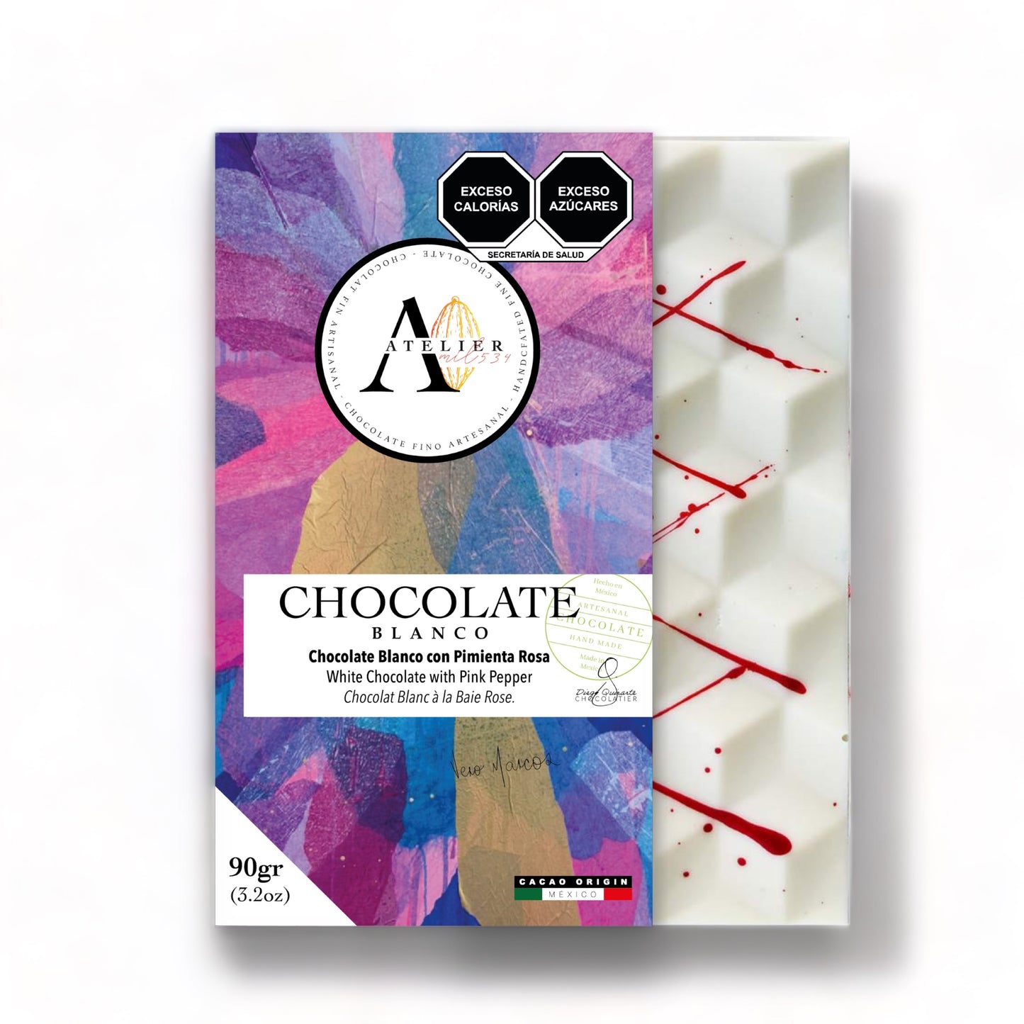 Tableta de Chocolate BLANCO CON PIMIENTA ROSA, 90g