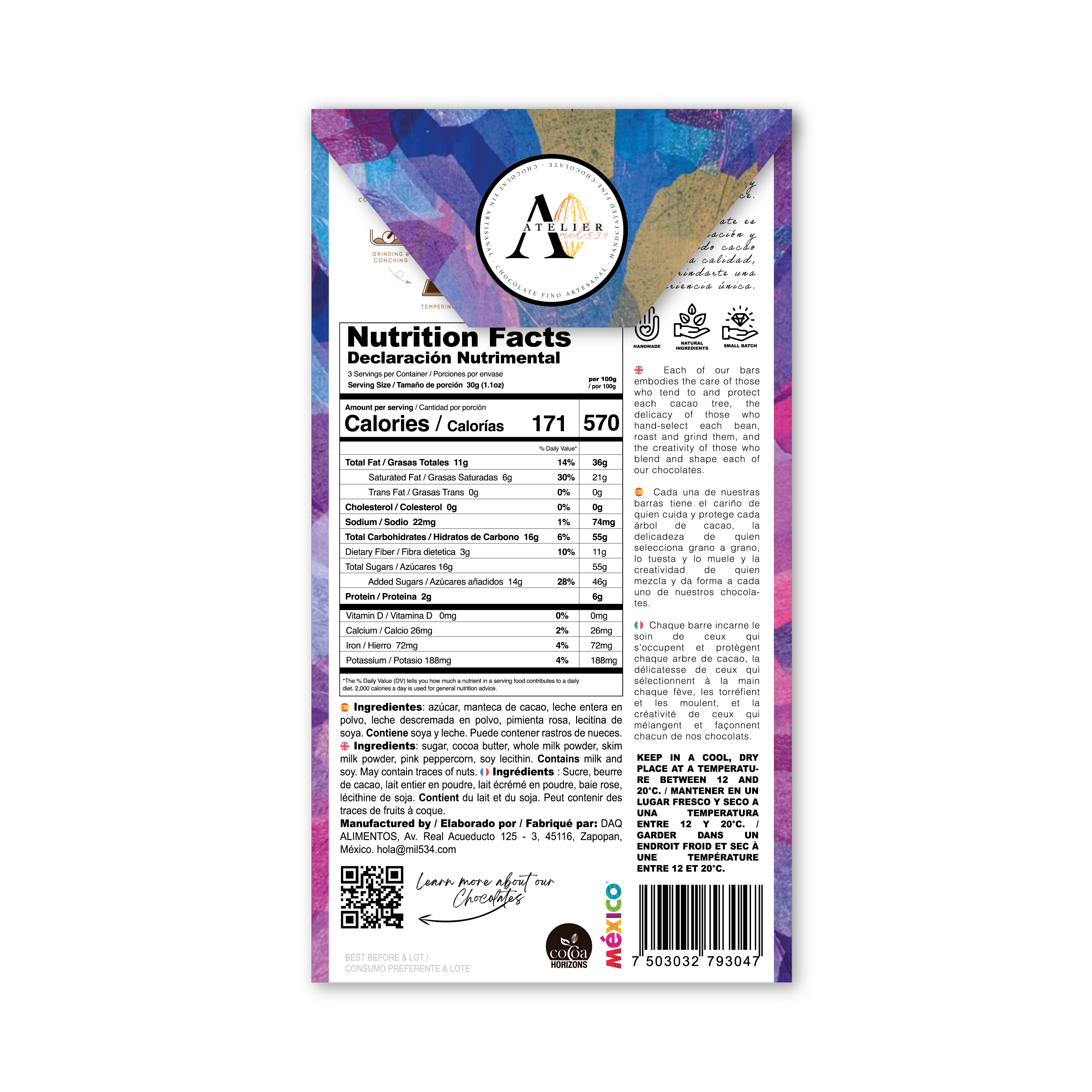 Tablette de chocolat BLANC AU POIVRE ROSE, 90g