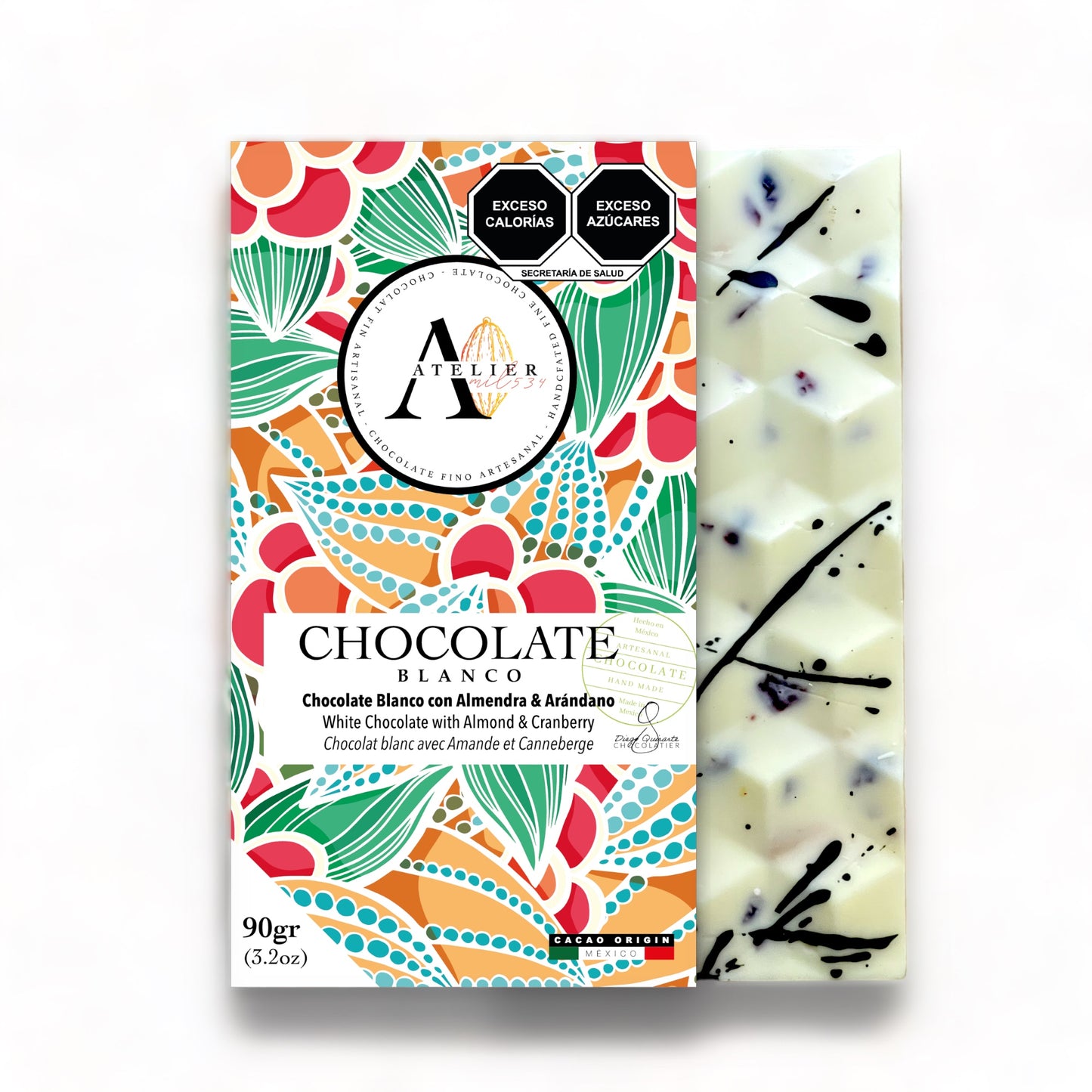 Tableta de Chocolate BLANCO CON ALMENDRA, ARÁNDANO & SAL, 90g