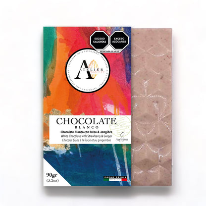 Tablette de chocolat BLANC À LA FRAISE ET AU GINGEMBRE, 90g