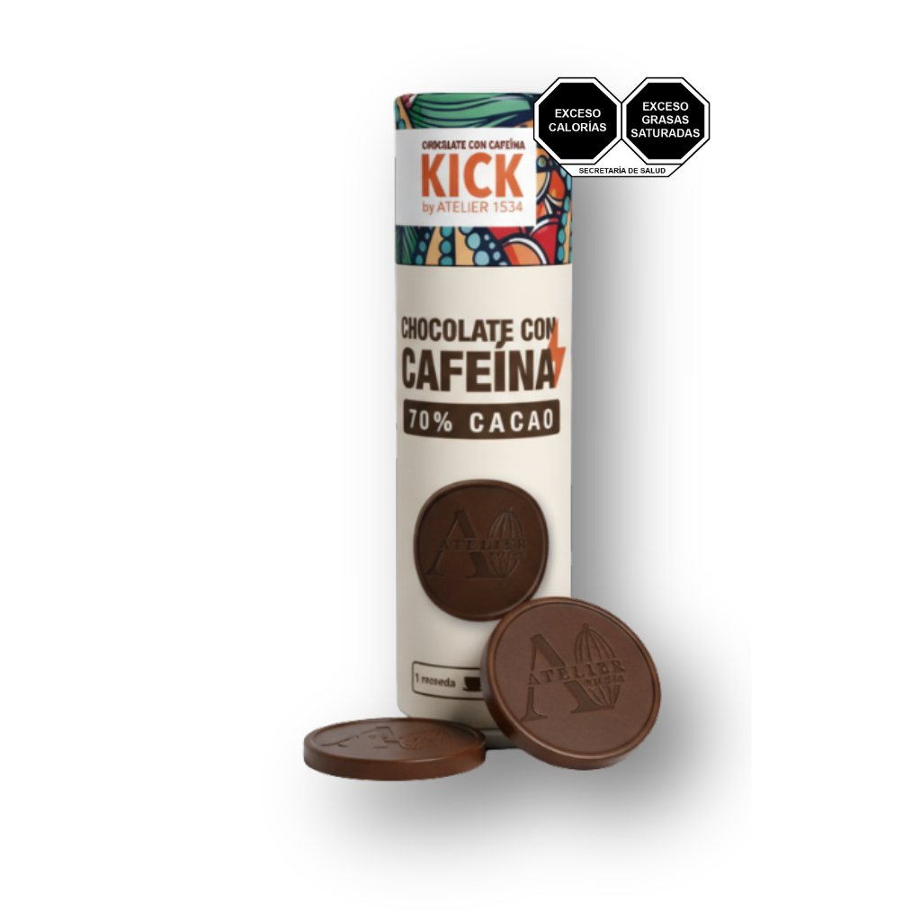 KICK - Monedas de chocolate obscuro con cafeína (tubo con 16 monedas)