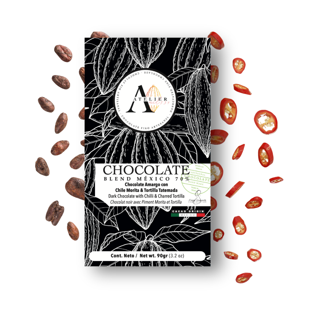 Barre de chocolat MX BLEND 70% AVEC TORTILLA MORITA CHILE ET TATEMADA, 90g