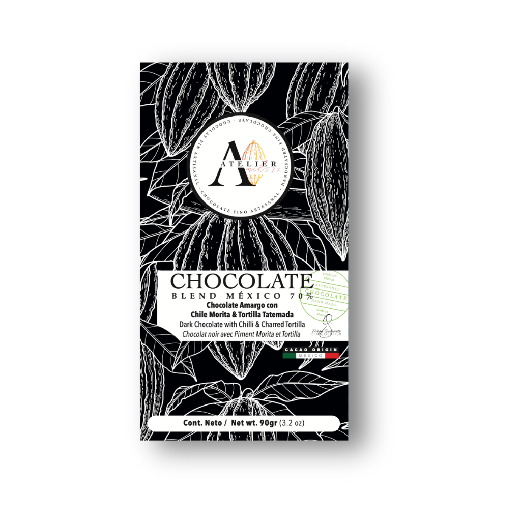 Barre de chocolat MX BLEND 70% AVEC TORTILLA MORITA CHILE ET TATEMADA, 90g