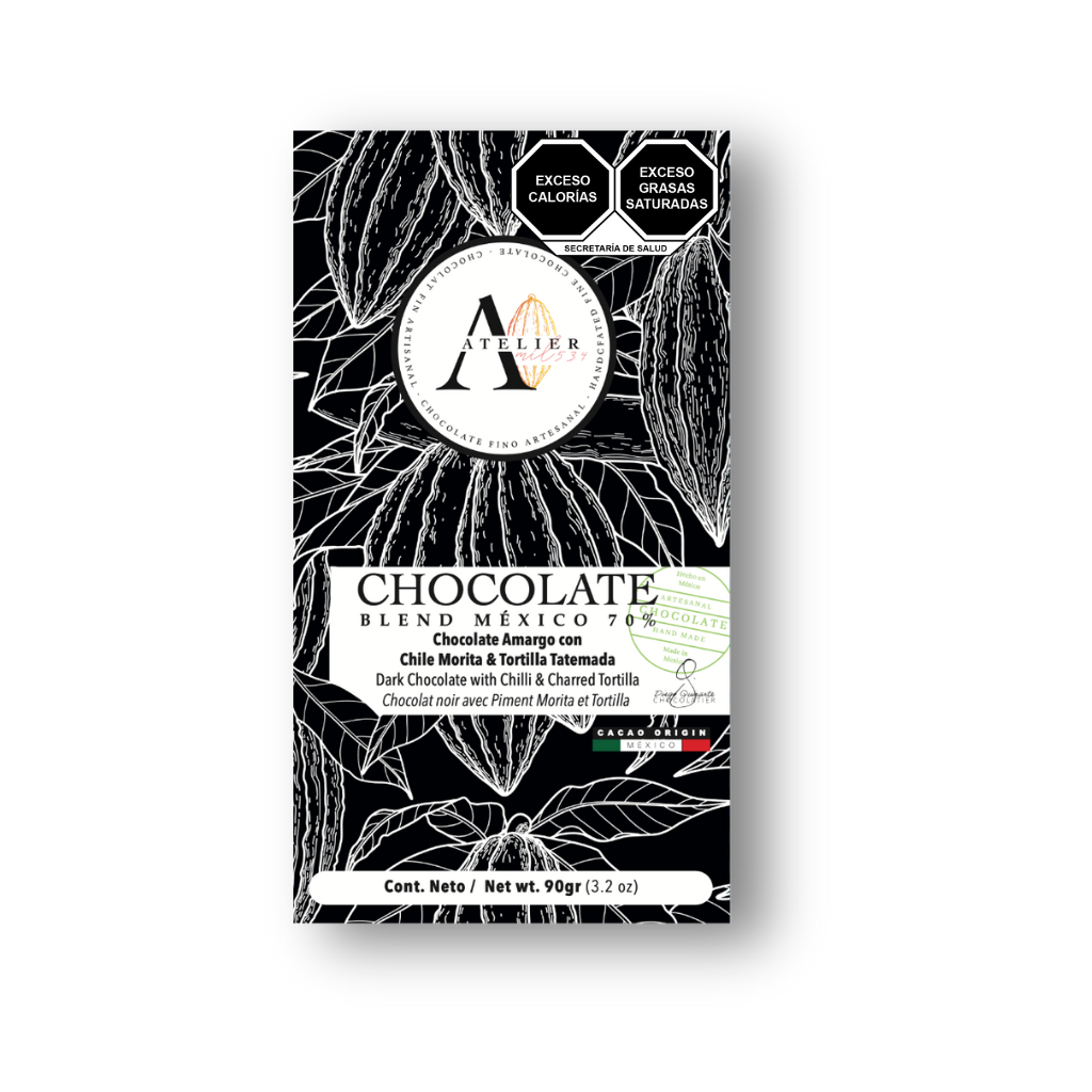 Barre de chocolat MX BLEND 70% AVEC TORTILLA MORITA CHILE ET TATEMADA, 90g