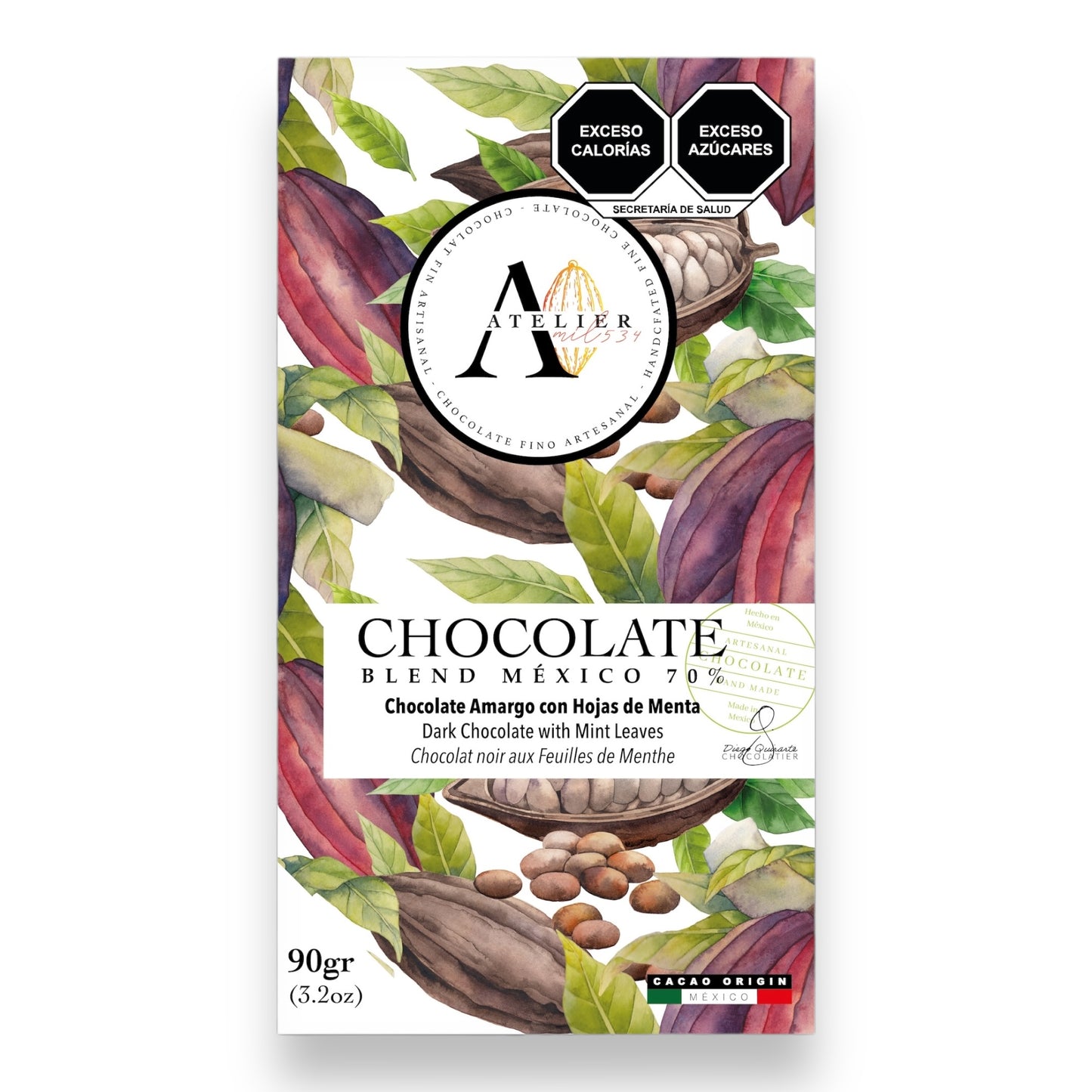 Tableta de Chocolate 70% BLEND MX CON HOJAS DE MENTA, 90g