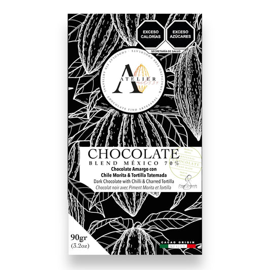 70% BLEND MX Chocolate Bar WITH MORITA CHILE & TATEMADA TORTILLA, 90g