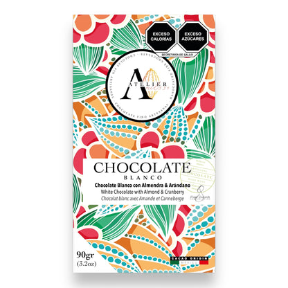 Tableta de Chocolate BLANCO CON ALMENDRA, ARÁNDANO & SAL, 90g